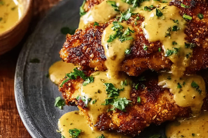 Pretzel Chicken with Mustard-Cheddar Sauce