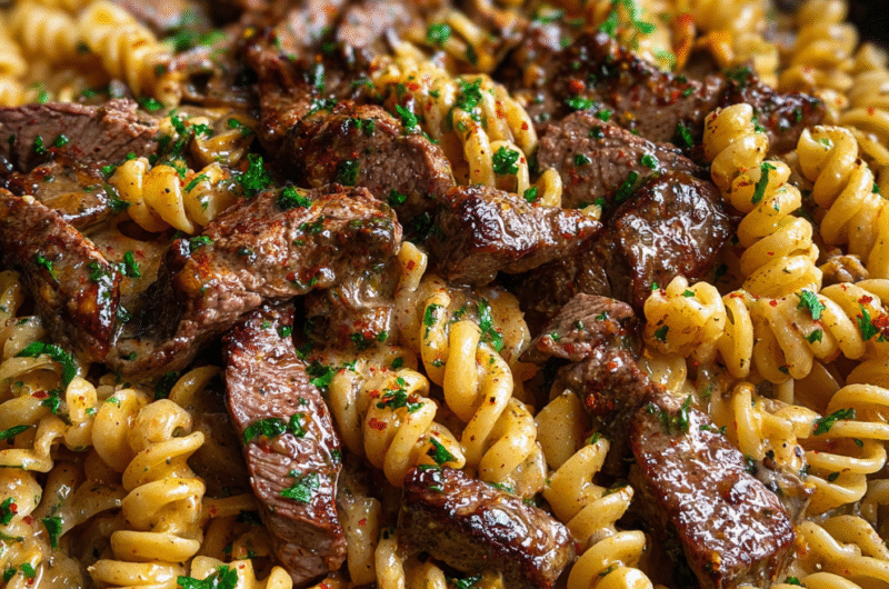 One-Pot Creamy Spicy Garlic Butter Steak & Pasta
