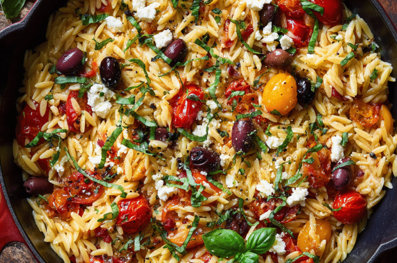 Greek Orzo with Tomatoes, Feta, Olives, and Fresh Basil | Fresh & Mediterranean