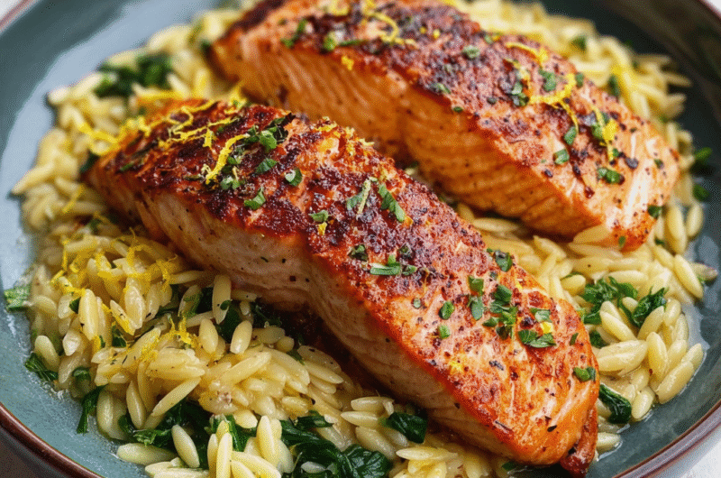 30-Minute Seared Salmon with Lemon Orzo