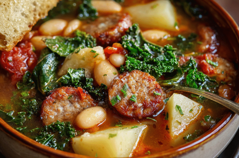 Hearty Sausage Soup with Potatoes, Beans, and Kale | Comfort in a Bowl