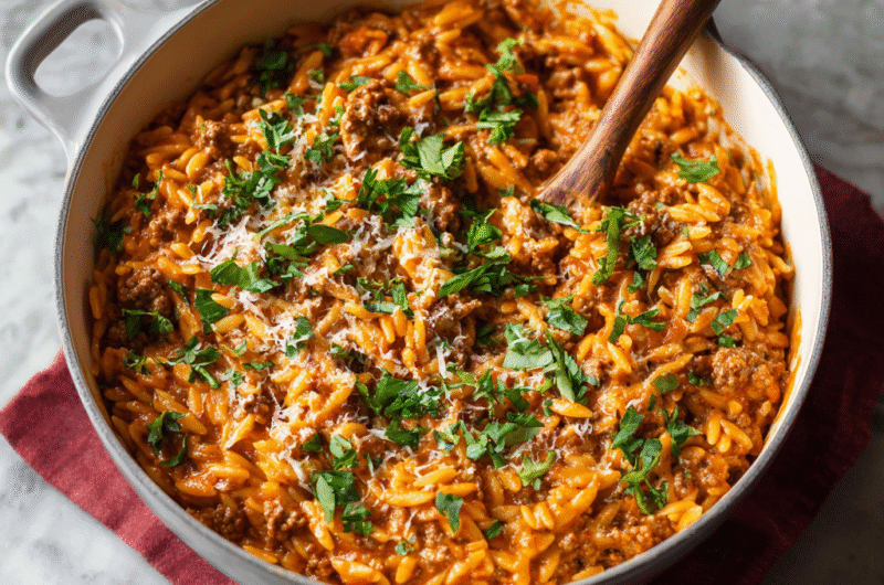 One Pot Ground Beef Orzo with Creamy Tomato Sauce