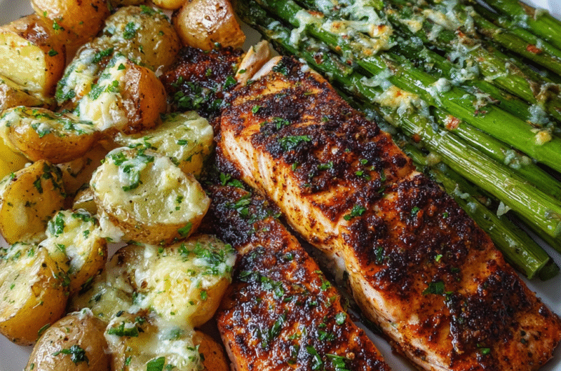 Spiced Salmon with Cheesy Asparagus and Garlic Herb Potatoes | Flavorful & Easy